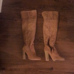 Camel colored, suede, over-the-knee boots w/ heel
